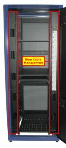 Cable Management (Located at Rear) are located vertically on the front and back of the cabinet used to maintaint neat and tidy arrangement of cable routing within the cabinet. 
